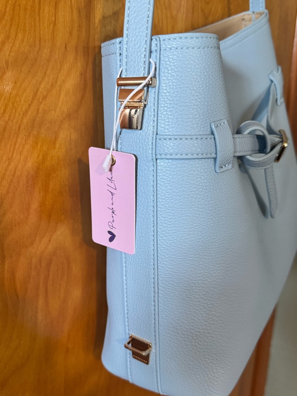 Ello Ice Blue Vegan Leather Bucket Shoulder Bag w/ Belt Detail & Pouch - Picture 8 of 17